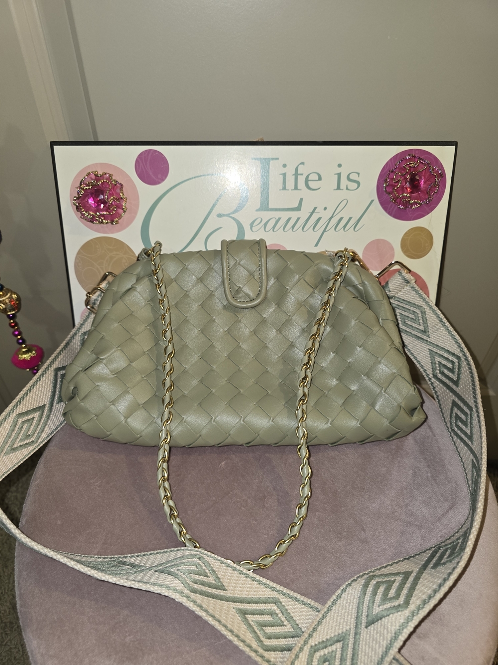 Woven Leather Shoulder Bag in Sage Green